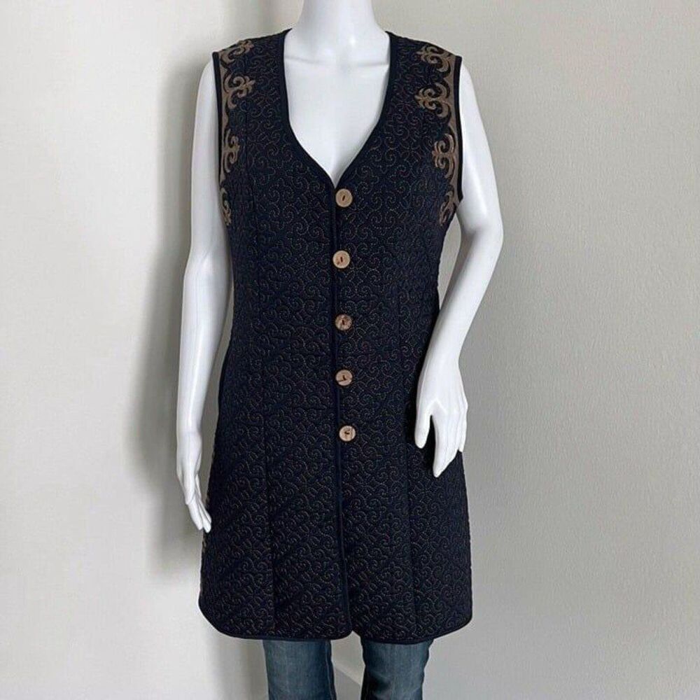 KG Womens Quilted Embroidered Vest Dress Size 48 M Blue Gold Layering Kyrgyzstan